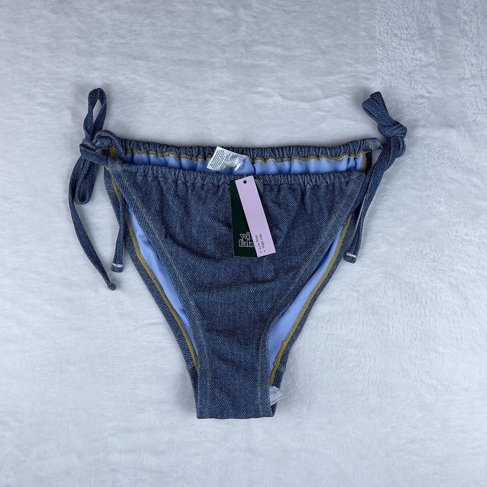 Wild Fable Cheeky Bikini Bottom Women's 1X Blue Denim Textured Side-Tie High Leg